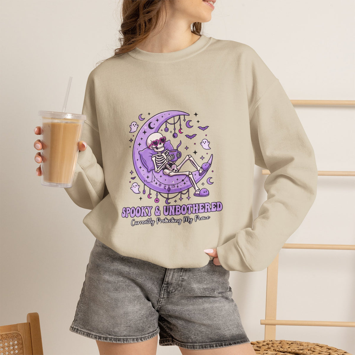 Skeleton on Moon Crewneck Sweatshirt — "Spooky & Unsocialized" Purple Gothic Graphic