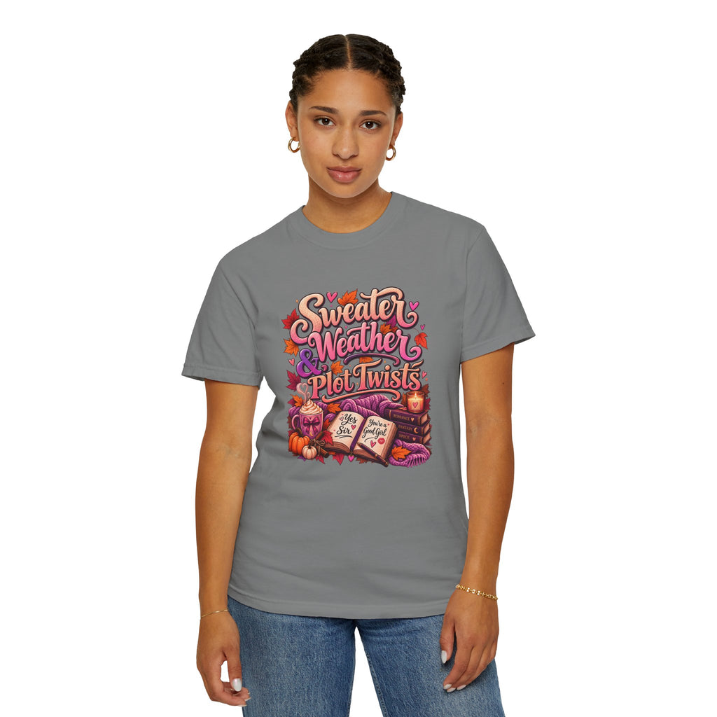Sweater Weather Plot Twists Tee — Cozy Autumn Book Lover T-Shirt