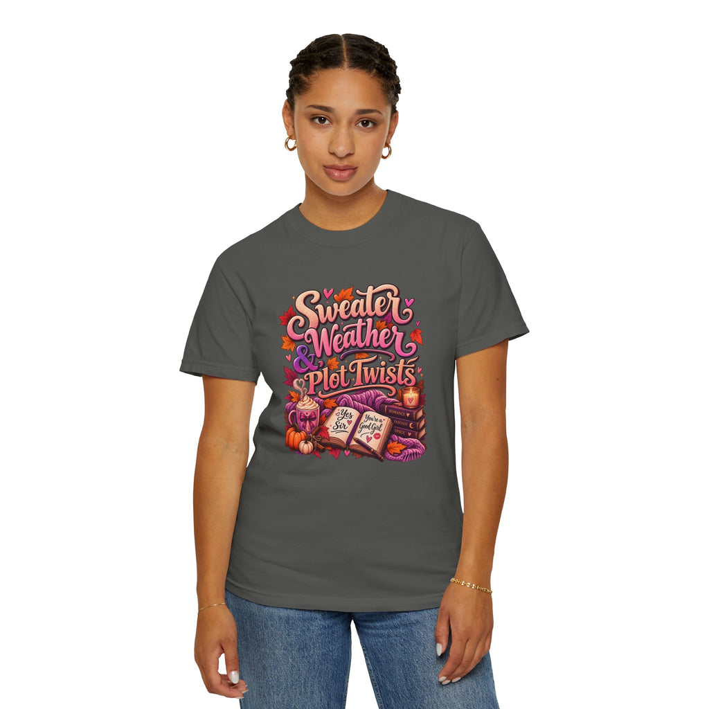 Sweater Weather Plot Twists Tee — Cozy Autumn Book Lover T-Shirt