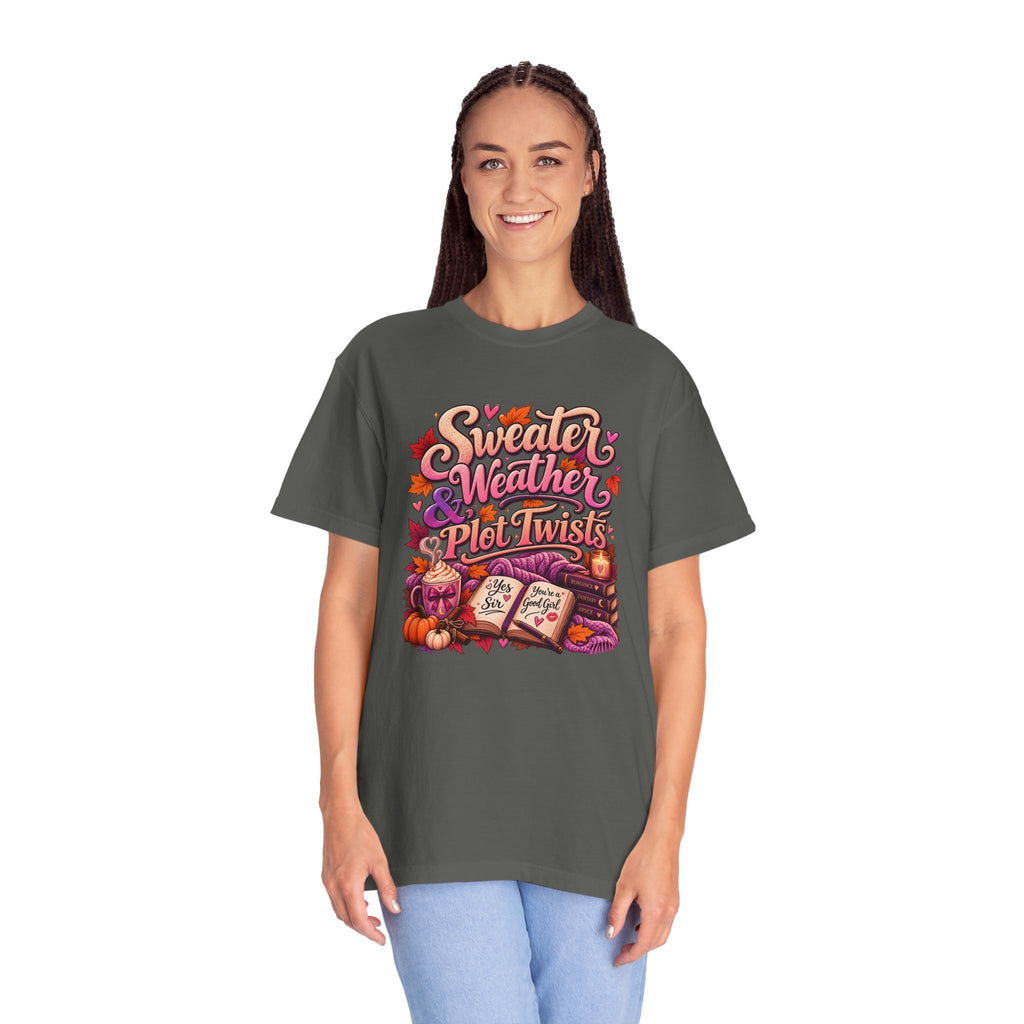 Sweater Weather Plot Twists Tee — Cozy Autumn Book Lover T-Shirt
