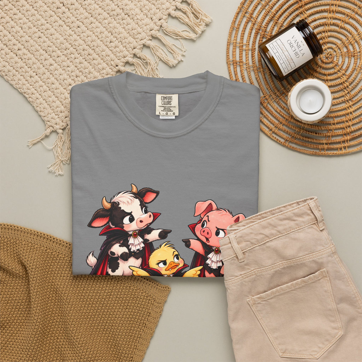"This is why we have a wardrobe meeting first!" Cow, Pig & Chick Cartoon Graphic Tee
